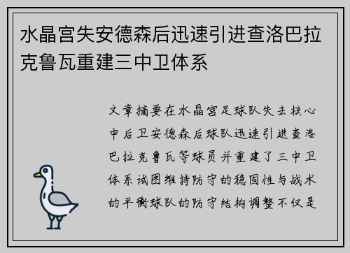 水晶宫失安德森后迅速引进查洛巴拉克鲁瓦重建三中卫体系