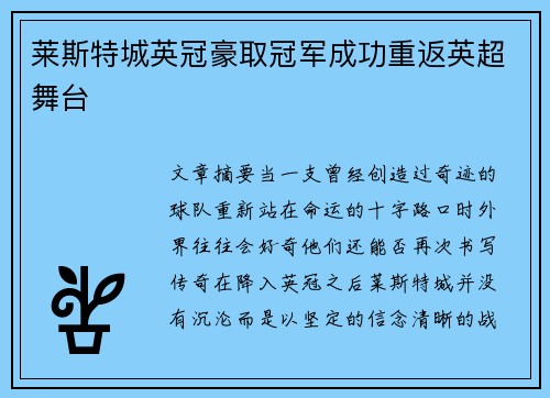 莱斯特城英冠豪取冠军成功重返英超舞台