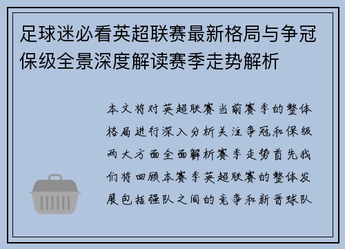 足球迷必看英超联赛最新格局与争冠保级全景深度解读赛季走势解析